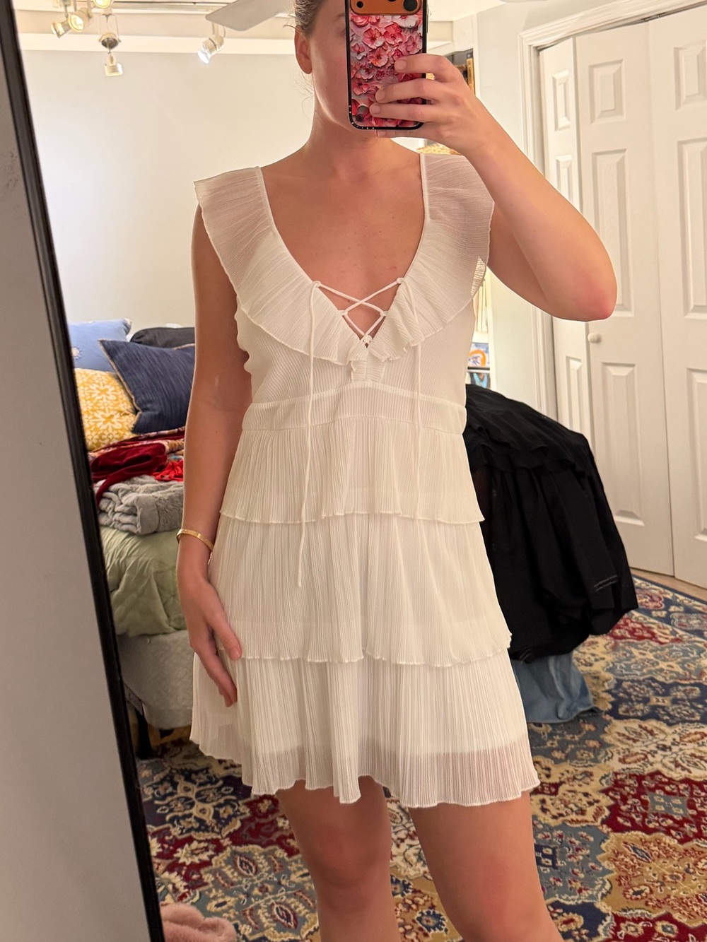 Express White Tiered Ruffle Mini Dress with V-Neck Tie